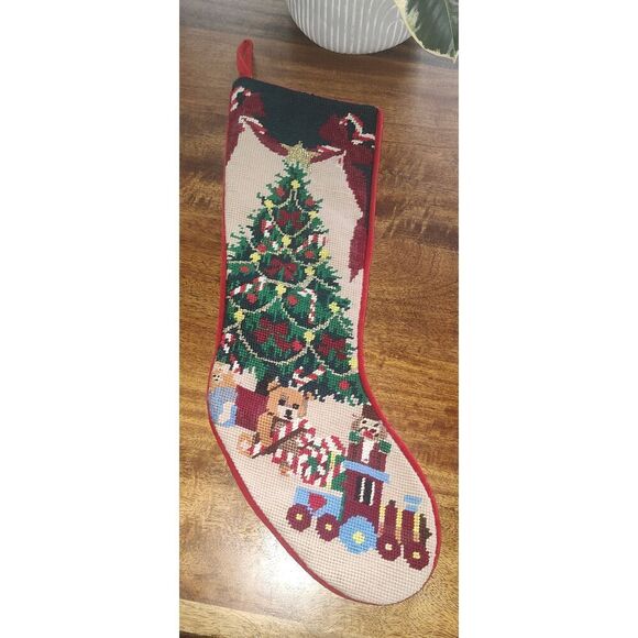 Vintage Christmas stocking Cross stitch Tree train nutcracker gifts bear star 19 - Picture 1 of 8